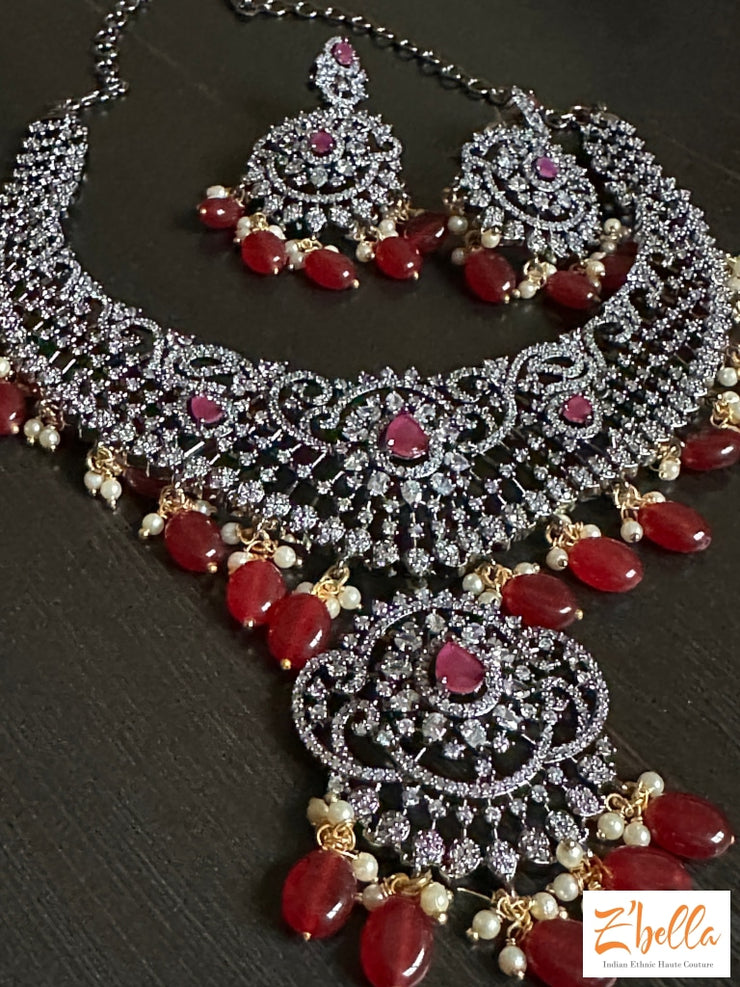 Victorian Finish Necklace With Ruby Color Beads Necklace