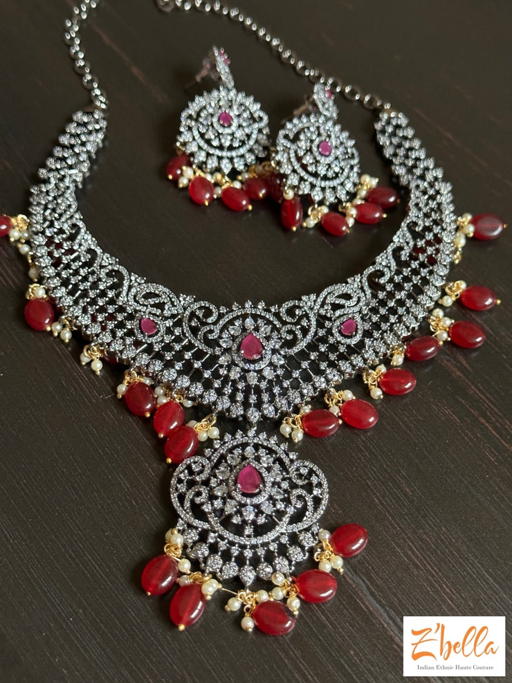 Victorian Finish Necklace With Ruby Color Beads Necklace