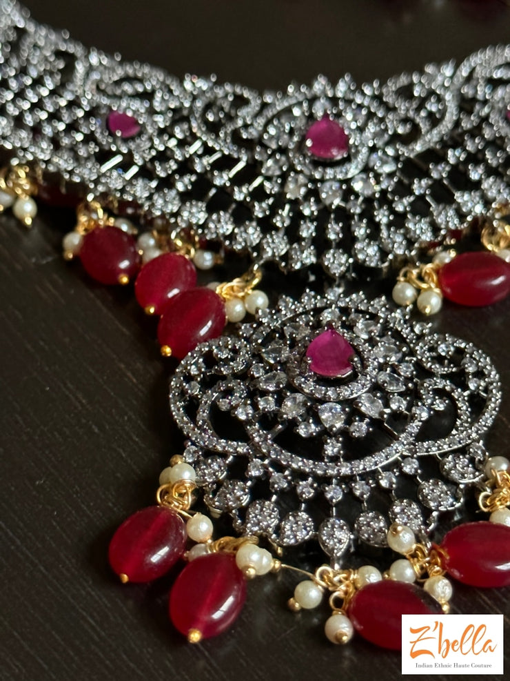 Victorian Finish Necklace With Ruby Color Beads Necklace