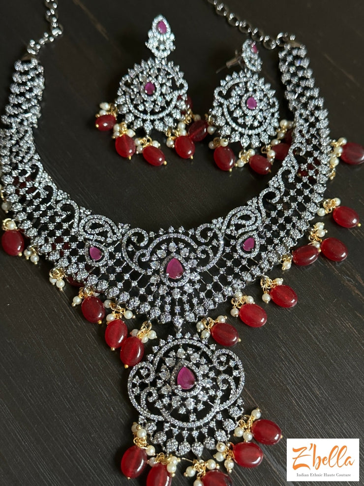 Victorian Finish Necklace With Ruby Color Beads Necklace