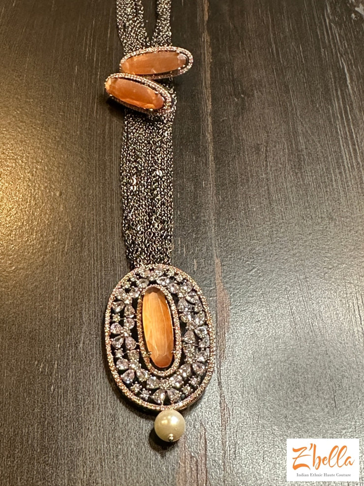 Victorian Finish Pendant And Earring Light Orange Stone Necklace