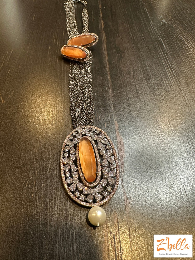 Victorian Finish Pendant And Earring Light Orange Stone Necklace