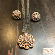 Victorian Finish Pendant And Earring Light Pink Stone Necklace