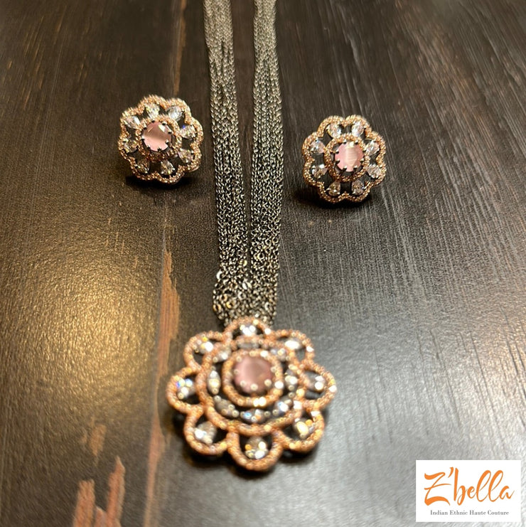 Victorian Finish Pendant And Earring Light Pink Stone Necklace