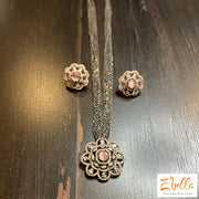 Victorian Finish Pendant And Earring Light Pink Stone Necklace