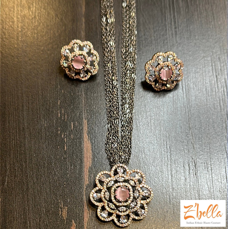 Victorian Finish Pendant And Earring Light Pink Stone Necklace