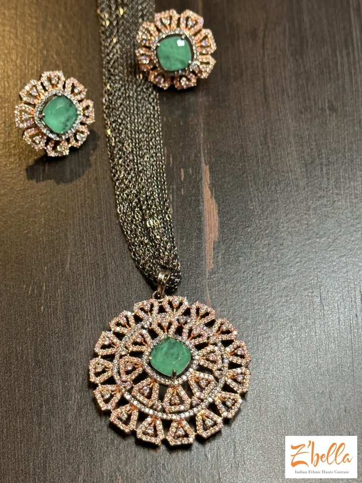 Victorian Finish Pendant And Earring Mint Green Stone Necklace