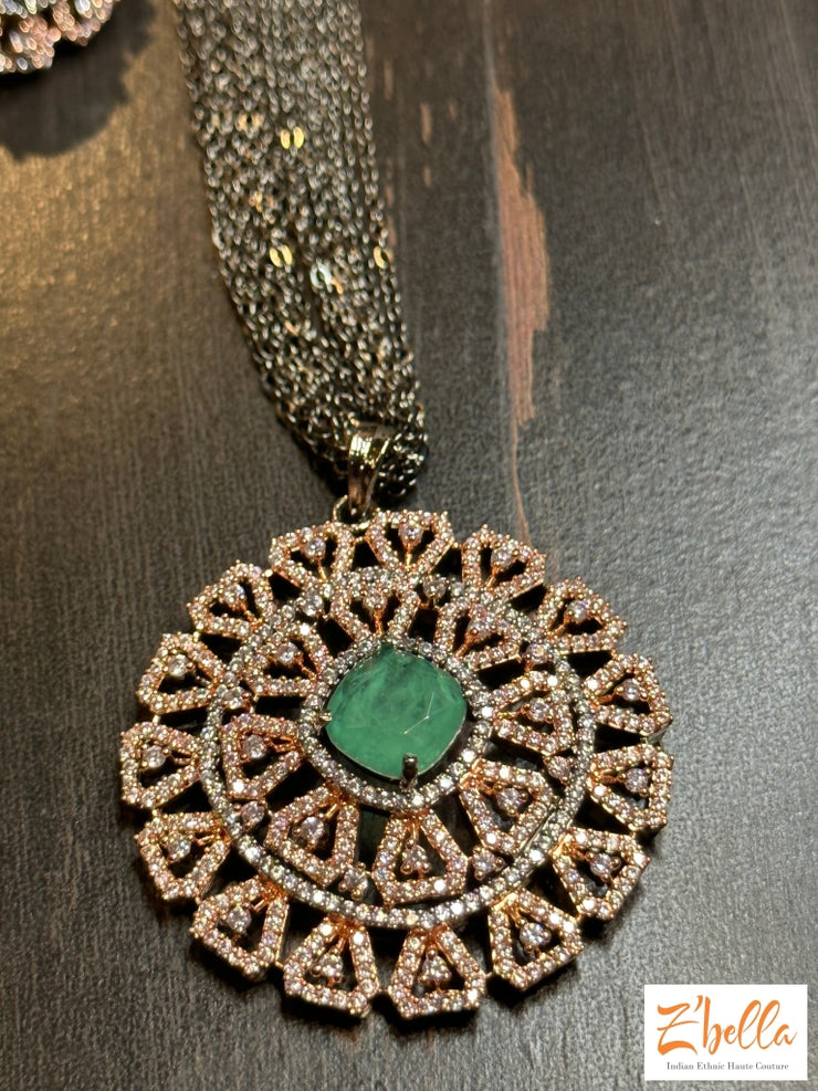 Victorian Finish Pendant And Earring Mint Green Stone Necklace
