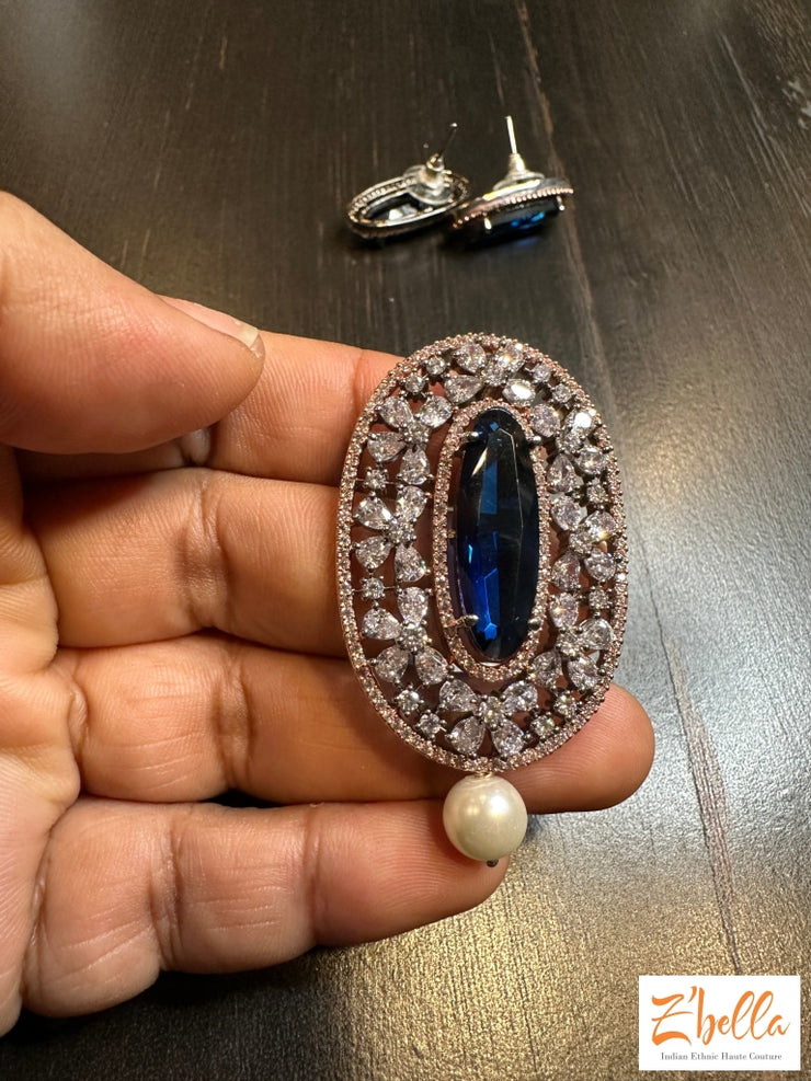 Victorian Finish Pendant And Earring Navy Blue Stone Necklace