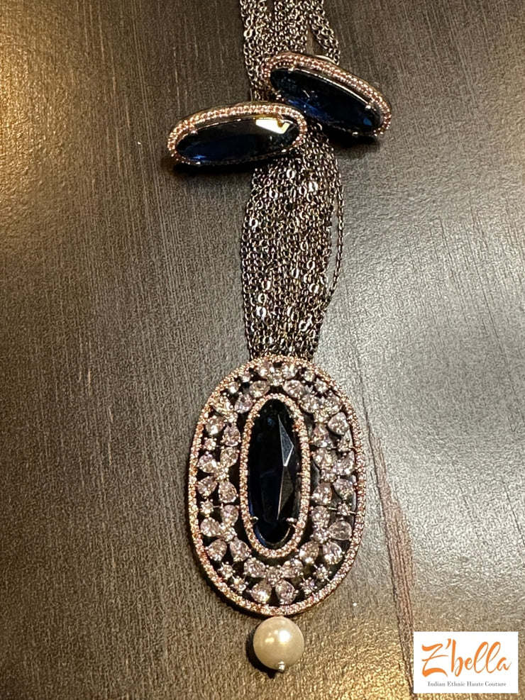 Victorian Finish Pendant And Earring Navy Blue Stone Necklace