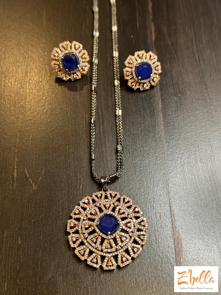 Victorian Finish Pendant And Earring Navy Blue Stone Necklace