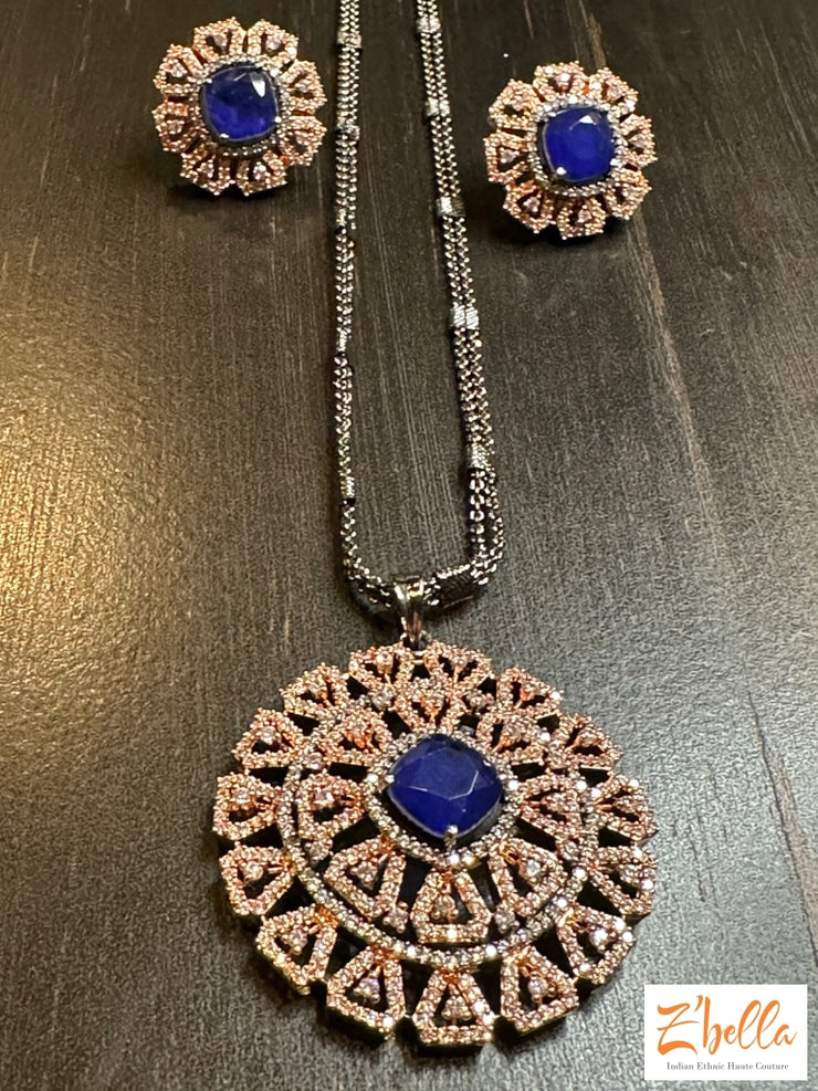 Victorian Finish Pendant And Earring Navy Blue Stone Necklace