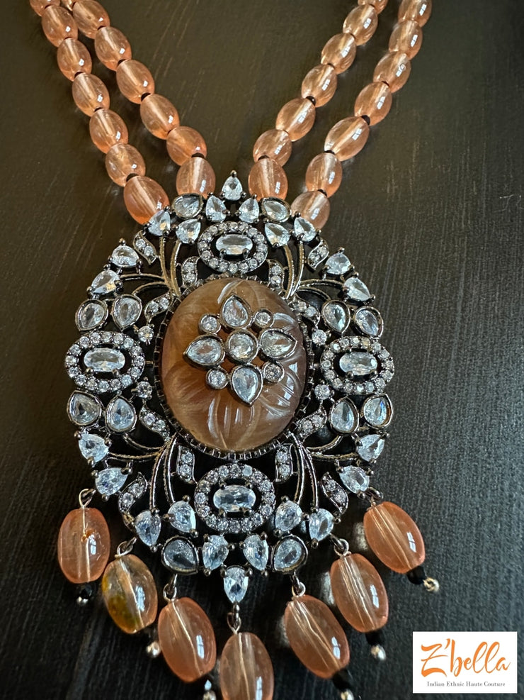 Victorian Finish Pendant With Light Orange 4 Layer Beads Necklace
