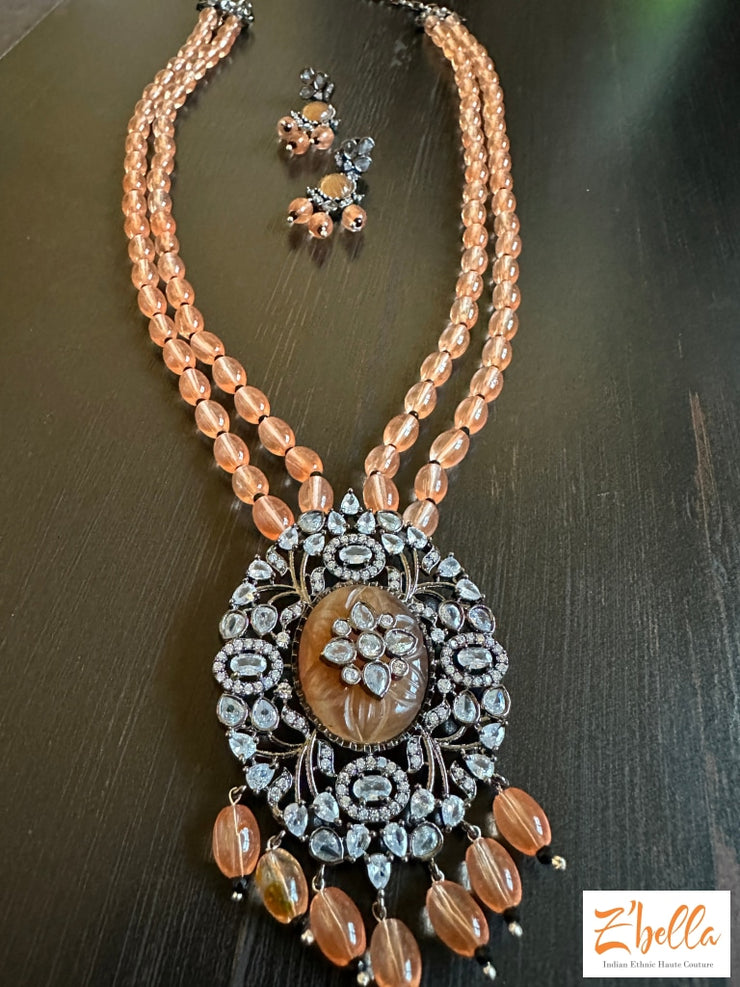 Victorian Finish Pendant With Light Orange 4 Layer Beads Necklace