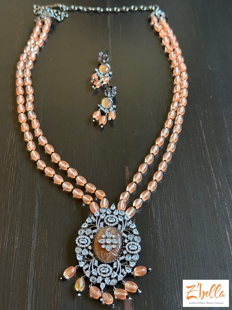 Victorian Finish Pendant With Light Orange 4 Layer Beads Necklace