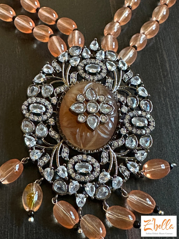 Victorian Finish Pendant With Light Orange 4 Layer Beads Necklace