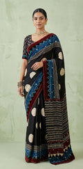 Modal silk saree with bead and mirror work , stitched blouse