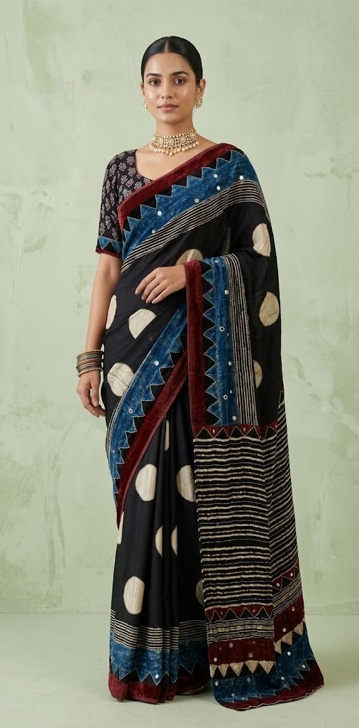 Modal silk saree with bead and mirror work , stitched blouse