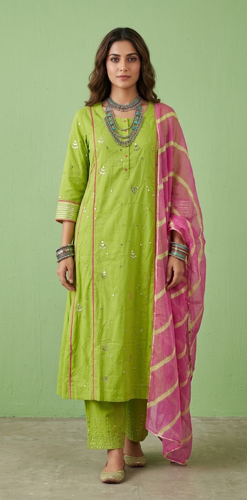 Light green chanderi anarkali kurti with bottom and pink kotta doria dupatta