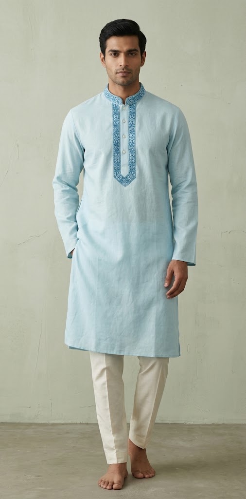 Sky blue soft cotton kurta with hand emroidery on the neck