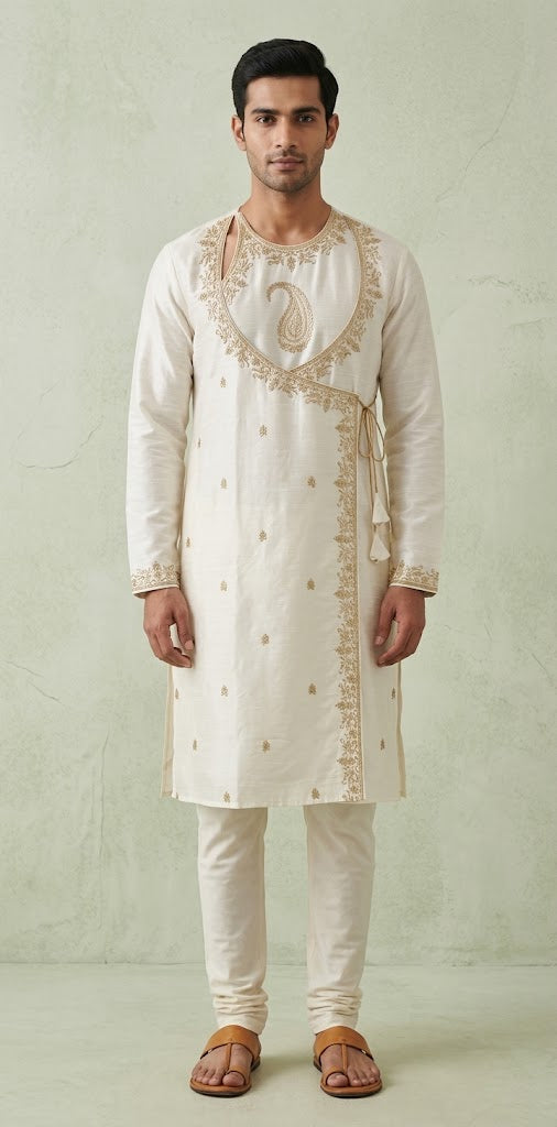 Off white cotton kurta angarakh style surta with embroidery