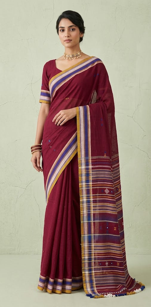 Organic Kala cotton handloom saree with mirror work , stitched blouse