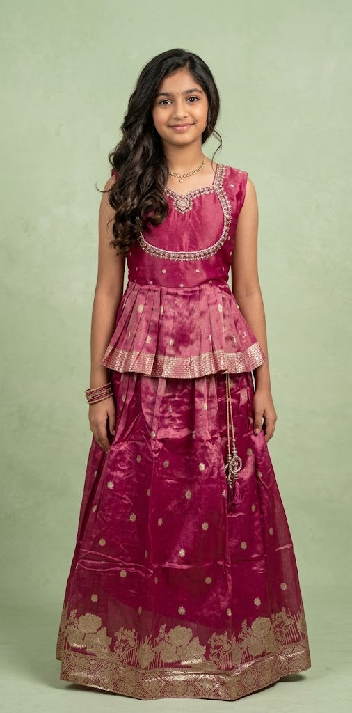 Pink tissue peplum top and banarsi skirt