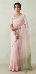 Pastel pink and green designer organza saree with stitched blouse