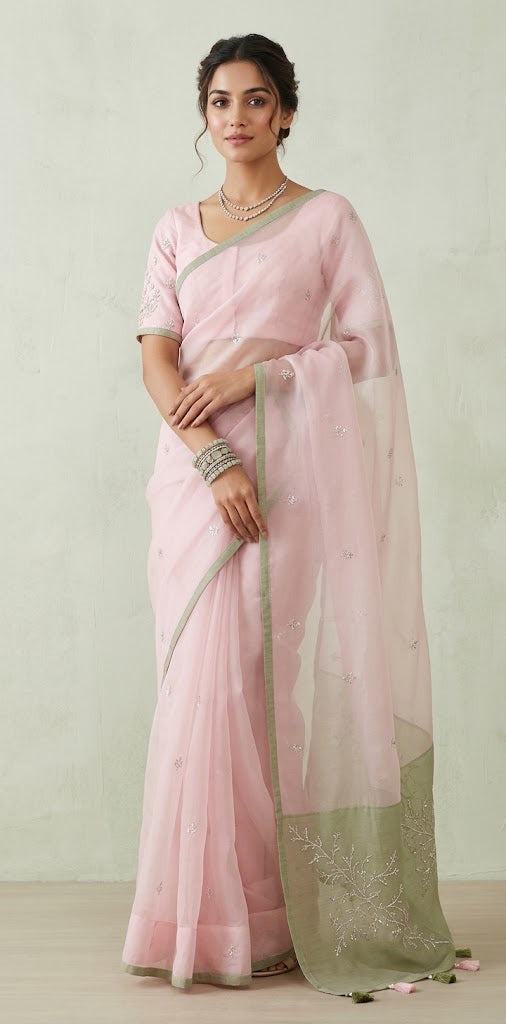 Pastel pink and green designer organza saree with stitched blouse