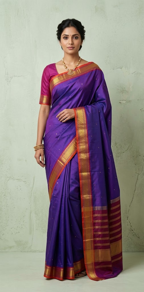 Handloom Purple kanchivaram pure silk saree with Orange border