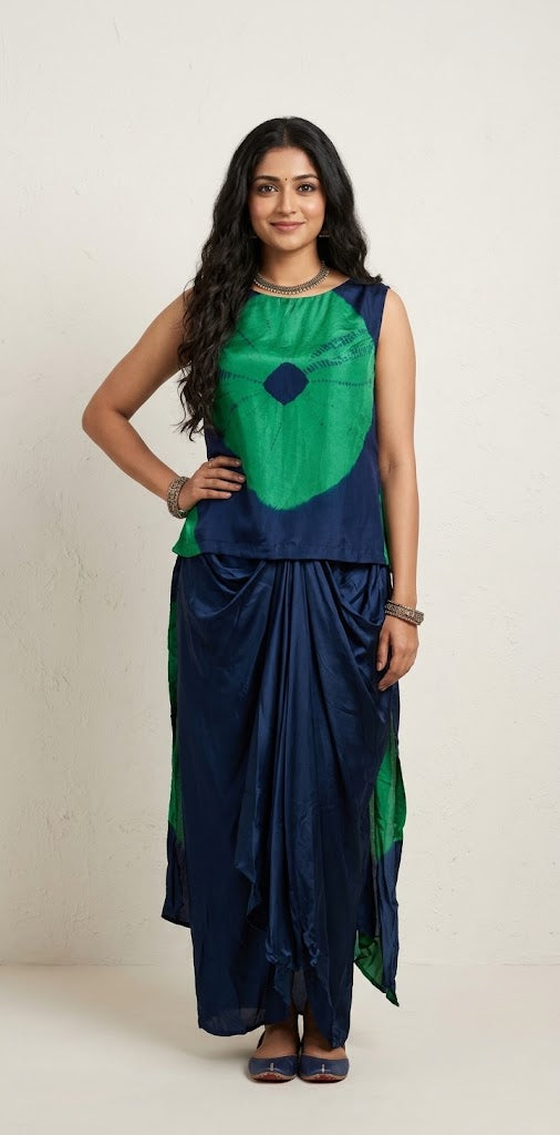 Navy blue modal silk designer top with drape skirt