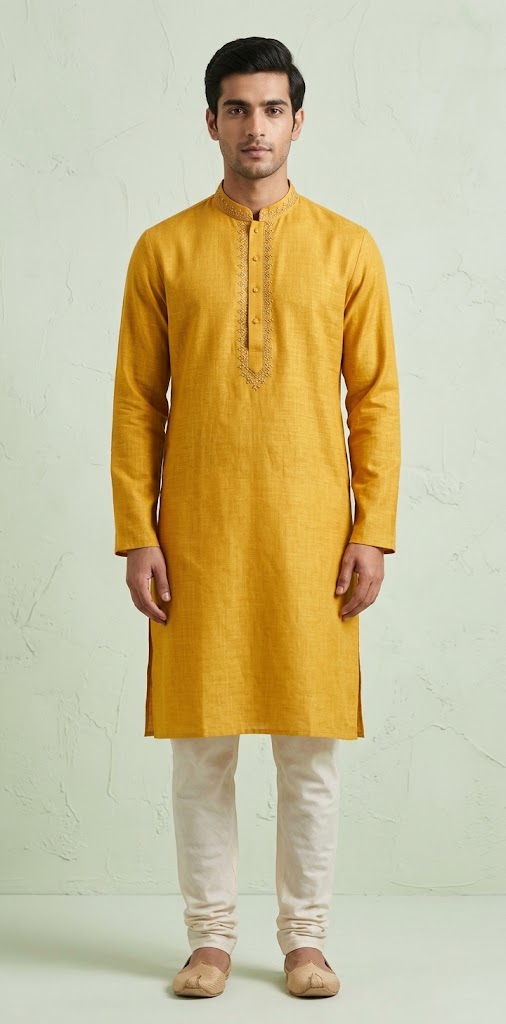 Mustard yellow soft kurta with hand emroidery on the neck