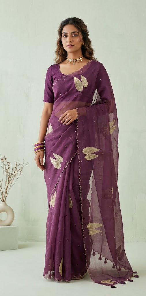 Purple organza saree with stitched blouse
