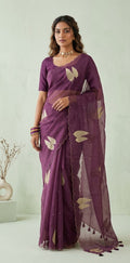 Purple organza saree with stitched blouse