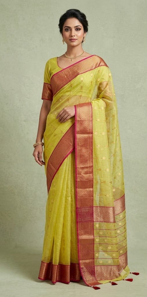 Yellow tissue chanderi saree with pink broder, comes with stitched blouse and under skirt
