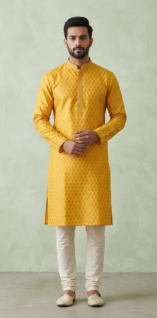 Mustard yellow banarsi brocade style kurta