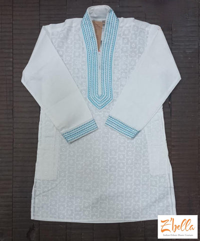 White Chikan Work Kurta With Neck Embroidary Bottom Boy Kids Set