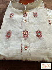 White Cotton Long Kurta With Burnt Orange Weaved Design Bottom Kurta