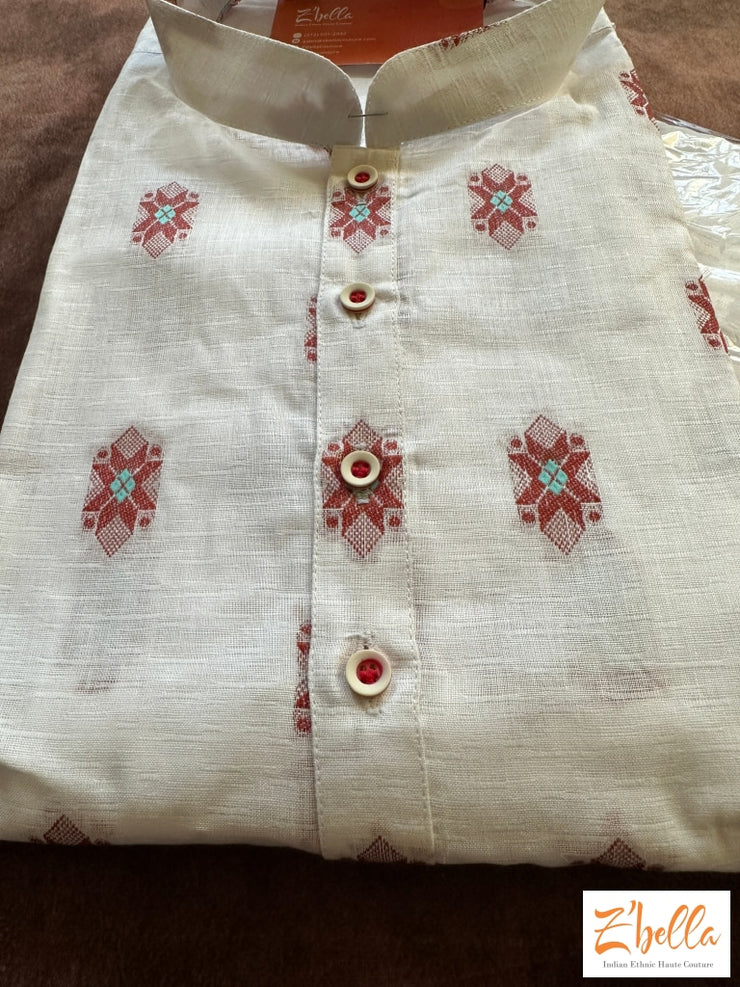 White Cotton Long Kurta With Burnt Orange Weaved Design Bottom Kurta
