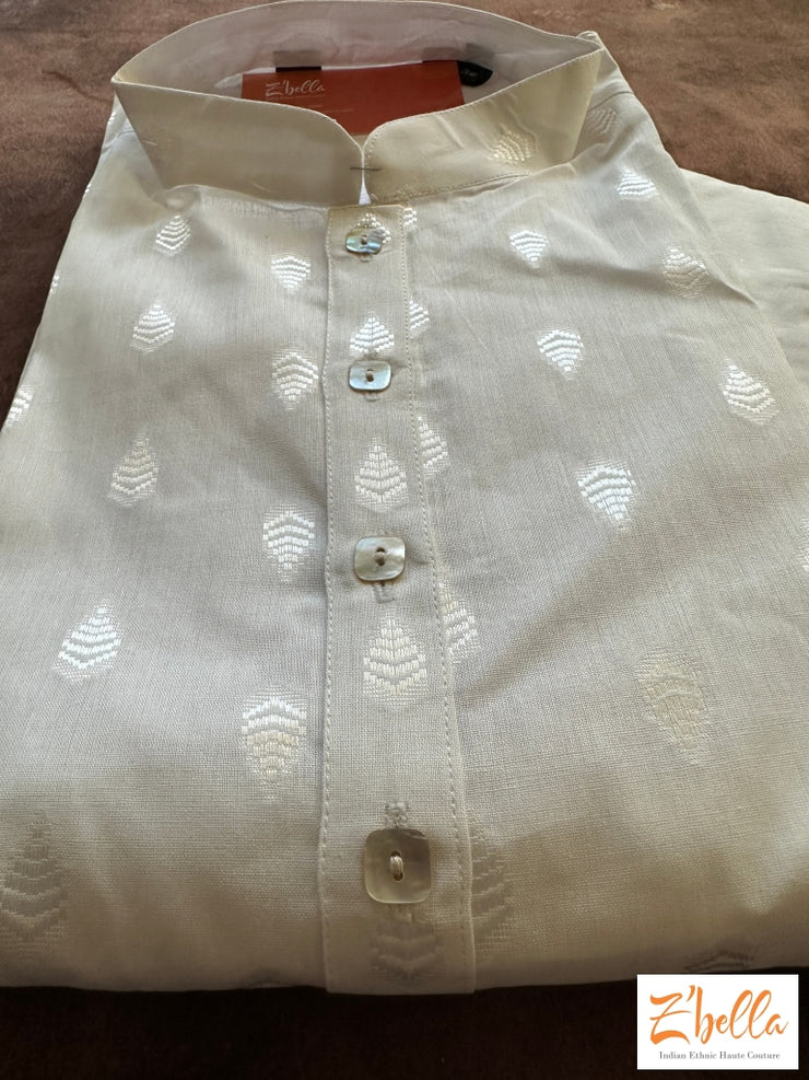 White Self Design Cotton Long Kurta With Bottom Kurta