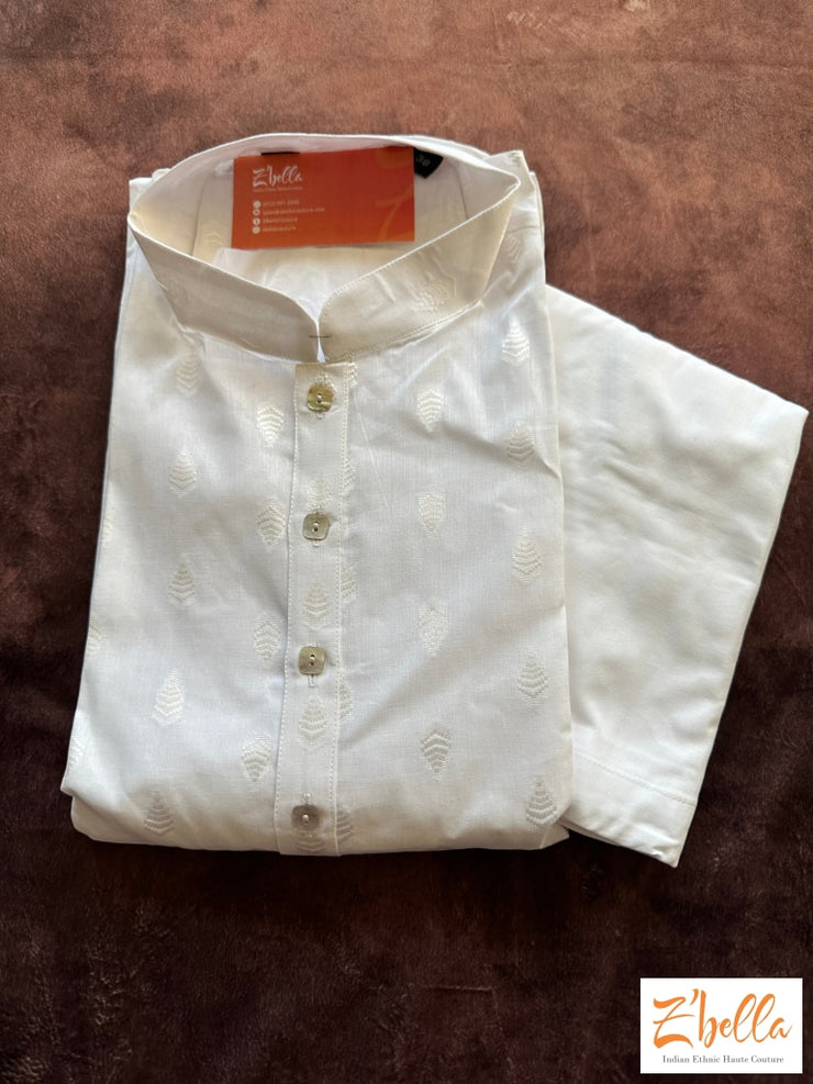 White Self Design Cotton Long Kurta With Bottom Kurta
