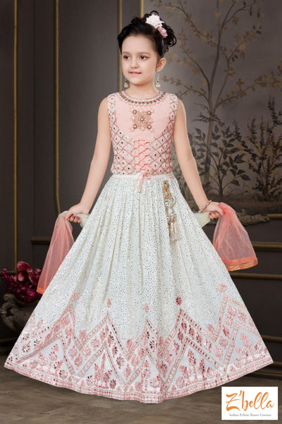 White Skirt With Mirror Work And Pink Top - 1 2 Yr Girl Kids Set