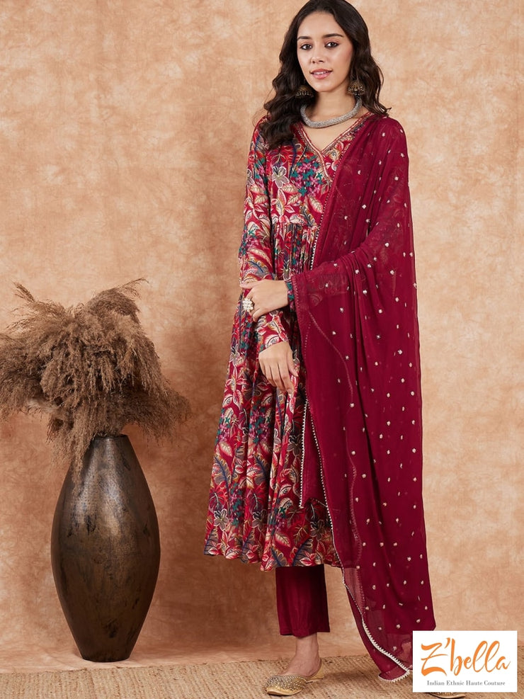Wine Red Floral Printed Chiffon Kurti With Bottom And Dupatta Kurti Set
