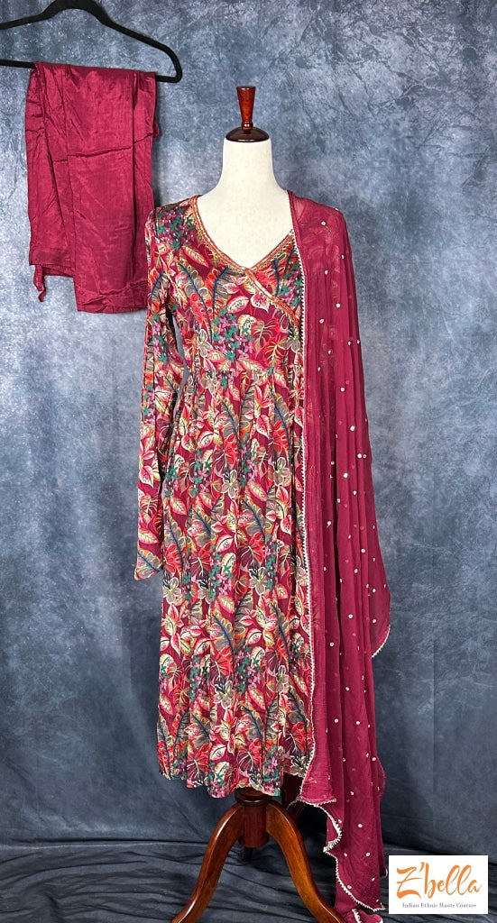 Wine Red Floral Printed Chiffon Kurti With Bottom And Dupatta Kurti Set