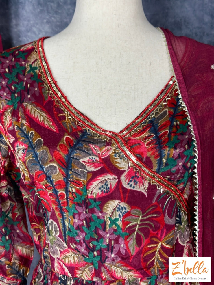 Wine Red Floral Printed Chiffon Kurti With Bottom And Dupatta Kurti Set