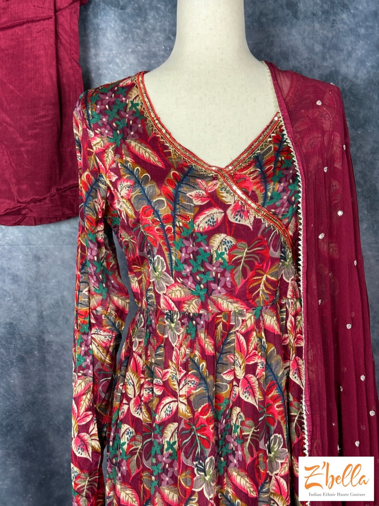 Wine Red Floral Printed Chiffon Kurti With Bottom And Dupatta Kurti Set