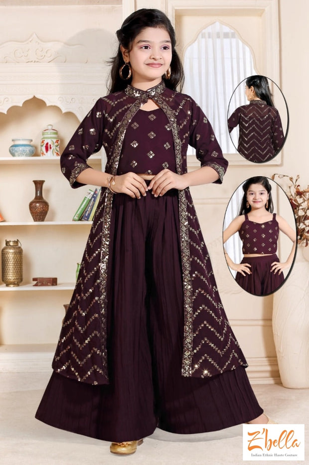 Wine Red Palazzo Crop Top With Jacket - 7 8 Yr Girl Kids Set