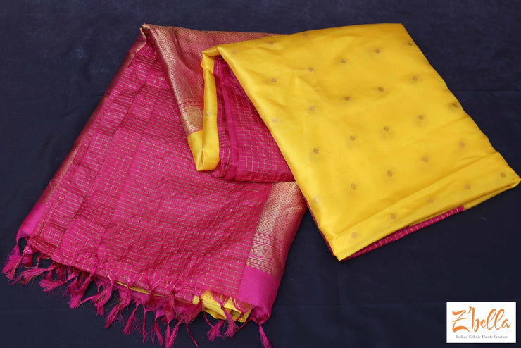 Yellow And Pink Combo Gadwal Silk Saree With Stitched Blouse Saree