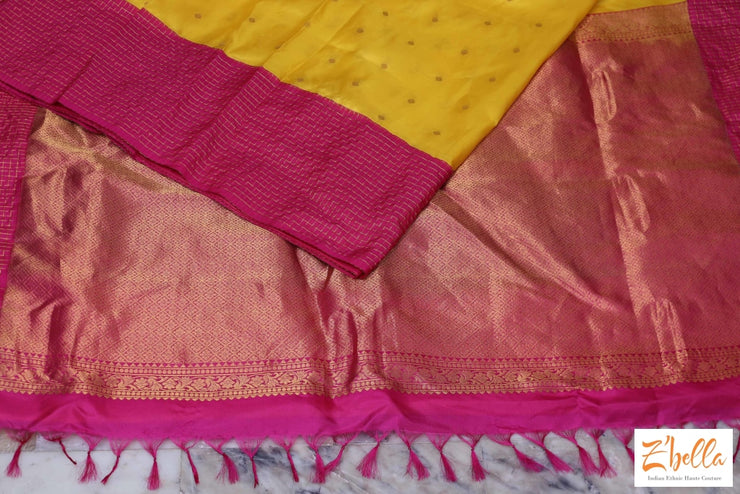 Yellow And Pink Combo Gadwal Silk Saree With Stitched Blouse Saree