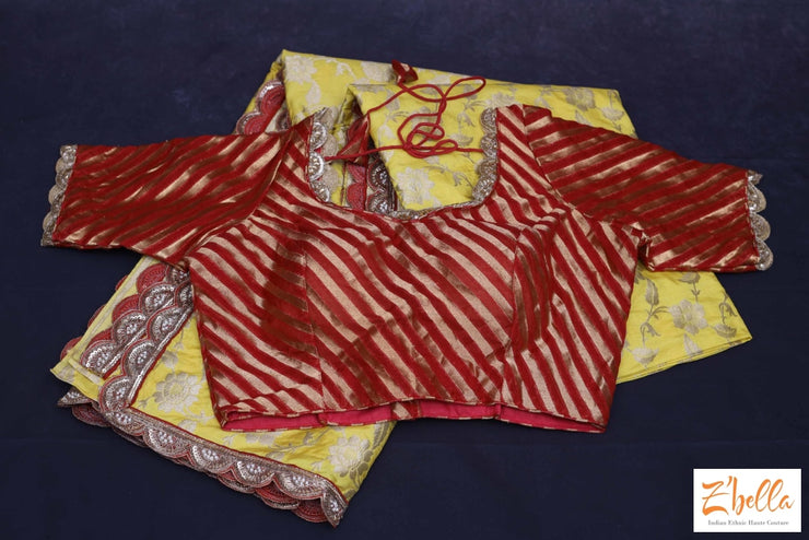 Yellow Banarsi Jaal Weave With Red Embroidery Border Stitched Blouse Saree